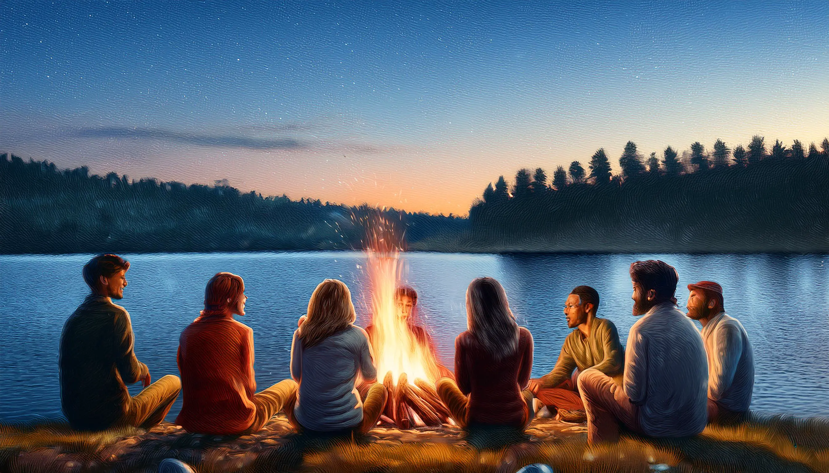 Image of people chatting around a bonfire, generated using Adobe Firefly, as the Content Credentials will tell you