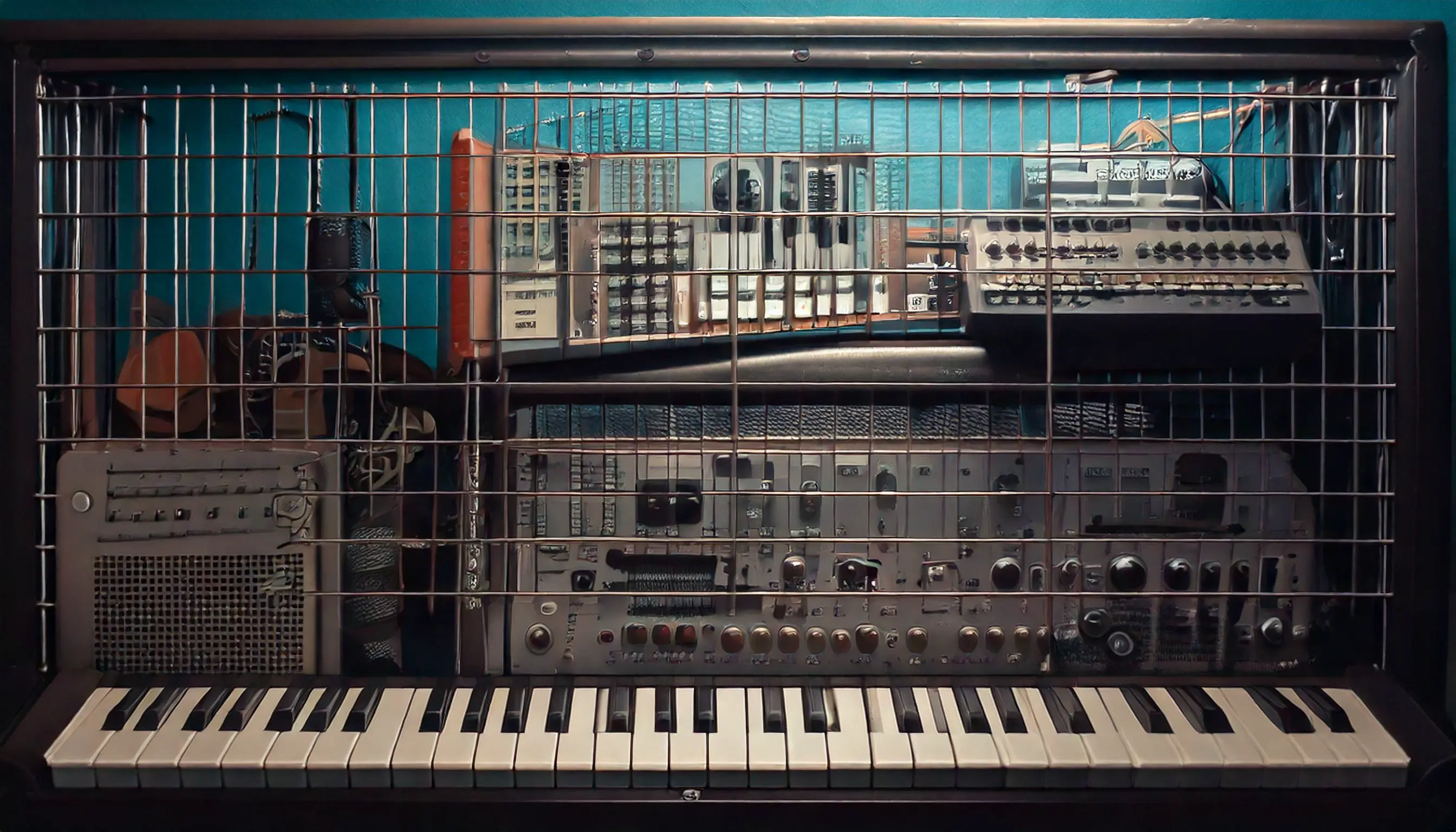 A synth & drum machine in a cage